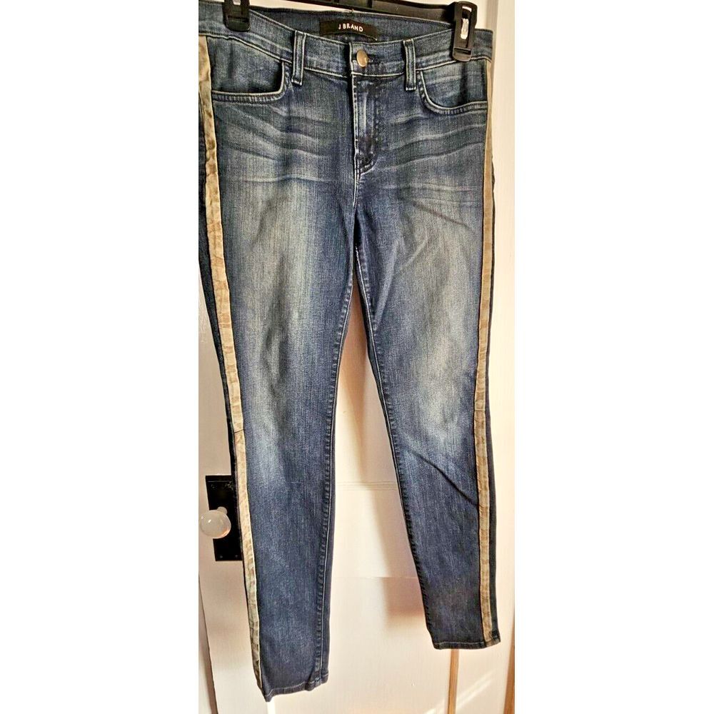 Womens J Brand Kacie Wicked Skinny blue Jeans lamb Leather Stripe Size 28